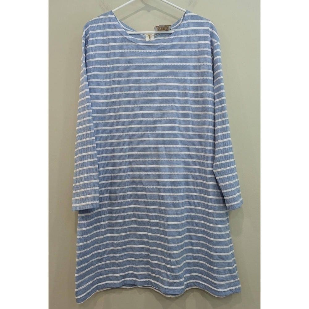 STS Sail to Sable Blue White Scalloped Striped Nautical Long Sleeve Dress XL